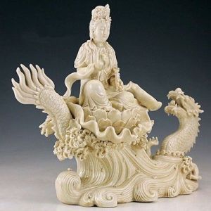 Collection-Fine-Chinese-Handwork-Carved-Porcelain-Dragon-Kwan-yin-Big-Statue